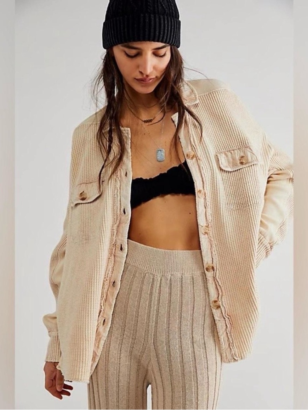 Free People Scout Beige Waffle Knit Shacket with Ribbed Knit Pants